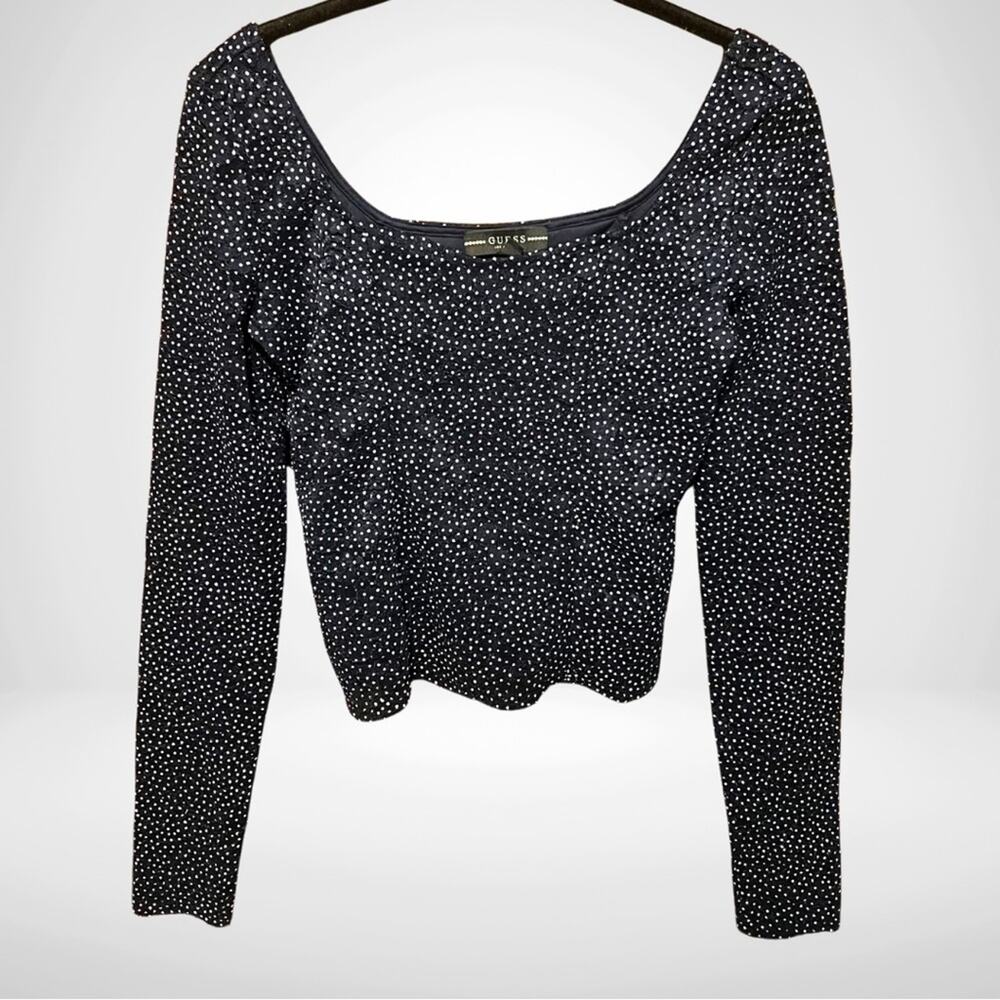 GUESS Navy Polka Dot Floral Lace Lined Square Neck Crop Top, Size Medium